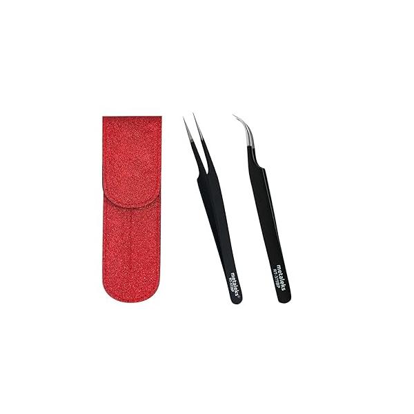 Tweezers for Eyelash Extension - Straight and Curved Pointed Professional Stainless Steel Precision set 2 Pcs With Pouch In Purple Powder Coating