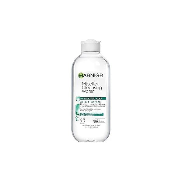 Garnier Micellar Water with Salicylic Acid, All-in-1 Mattifying Facial Cleanser and Makeup Remover for Oily Acne Prone Skin, 13.5 Fl Oz