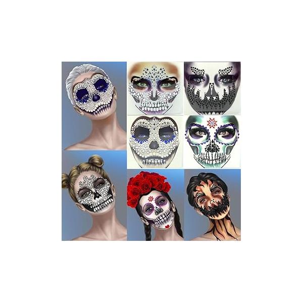 4 Sets Halloween Face jewels Glitters Sugar Skeleton Gems Jewels Festival Crystals Tattoos Stickers Eyes Body Day of the Dead Rhinestones Rave Gem Stick on Party Makeup