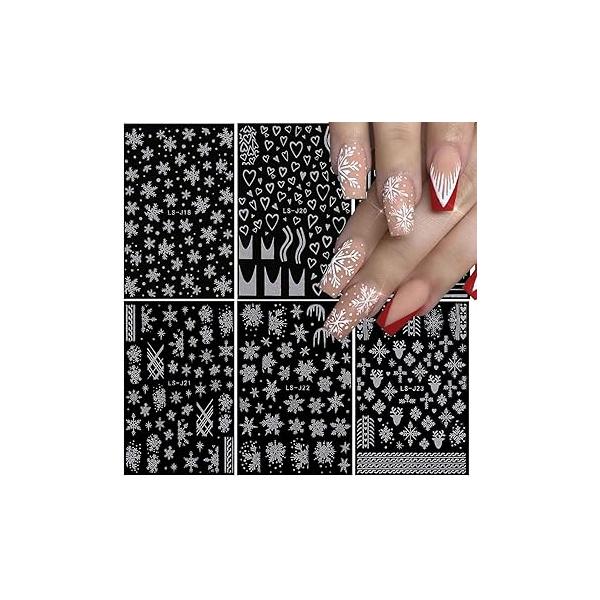 Christmas Nail Art Stickers - 3D Snowflake Glitter Decals Xmas Winter Snowflakes Love Elk Sparkly Powder Design Heart French Snow Flakes Manicure Decorations Accessory 6 Sheets