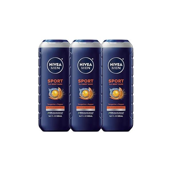 NIVEA MEN Sport Body Wash with Revitalizing Minerals, Tangerine and Pepper Scent, 3-in-1 Men's Wash, Face Hair, Paraben Free, Vegan Formula, 16.9 Fl Oz Bottle, Pack of 3