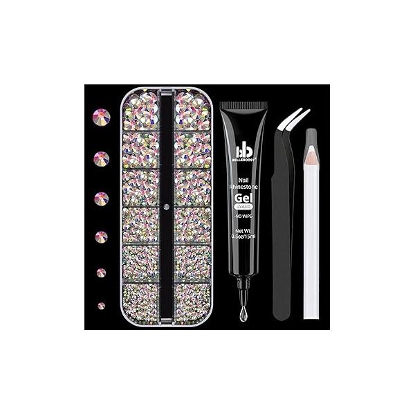 Nail Art Rhinestone Glue Gel&2 Boxes Flatback Gems Kit, 1 Tube of 15ml Gel Glue+Colorful Gems+Flat Back Round Glass Crystal AB&Clear Gemstones with Pickup Tools