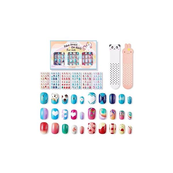 Modelones Press on Nails for Kids 144Pcs 6 Pack Children Acrylic Fake Pre-glue Full Cover Glitter Gradient Color Mermaid Beach Short False Nail Art Kits Sets Easter Gifts Girls