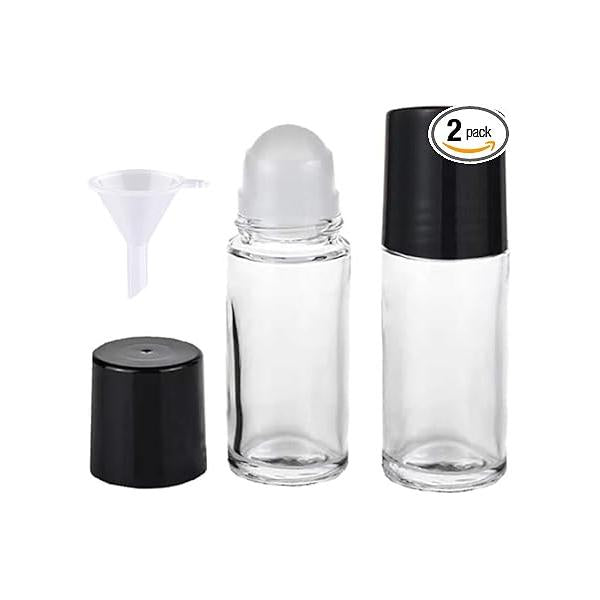 2 Pcs Black Clear Empty Glass Essential Oil Roller Bottles Vials Containers Refillable Roll-on with Funnel 30ML Cosmetic