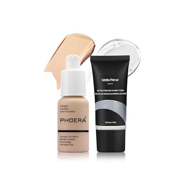 PHOERA Foundation Makeup, Flawless Soft Matte Oil Control Liquid Foundation, Full Coverage Mattle Oil-Control Concealer for Older Women, Great Choice For Gift (#102 Nude)