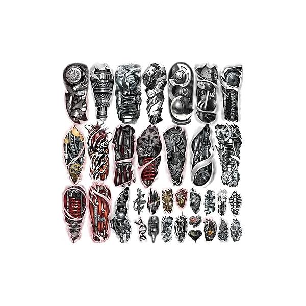 Yazhiji 77sheets Waterproof Mechanical Temporary Tattoo for Men or Women 17sheets Larger Half Arm Robot Realistic Fake Tattoos Adult And 60 sheets Tiny Flower Sticker Boys Girls