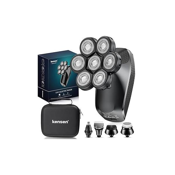 7D Head Shavers for Bald Men - 5 in 1 kensen Electric Hair Shaver, Razor with Nose & Beard Trimmer Cordless Rechargeable IPX6 Waterproof Wet Dry LED Display Gifts Travel Case