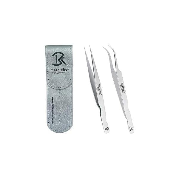 2Pcs Eyelash Extension Tweezers Set Made of Japanese Stainless Steel with Pouch (Multi Titanium Coated)