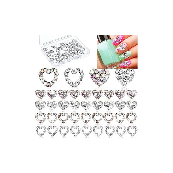 36 Pcs Heart Nail Charms for Art, 3D Rhinestone Decals Silver Crystal Diamond Alloy Gems Decorations Women Valentine's Decoration