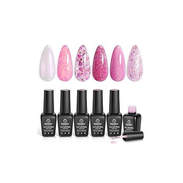 Beetles Pink Gel Nail Polish Set - 6 Colors Shimmer Kit Hot Pearl White Glitter Color Reverie Collection Soak Off Uv LED Lamp Gift for Women & Girls