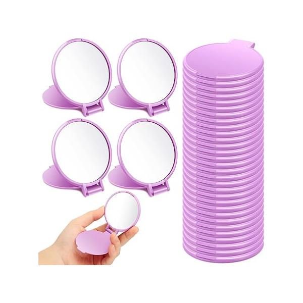 24 Pieces Mini Compact Mirror Bulk Round Portable Makeup Folding Pocket Travel for Homeless, 2.8 x 2.4 Inch(Pink)