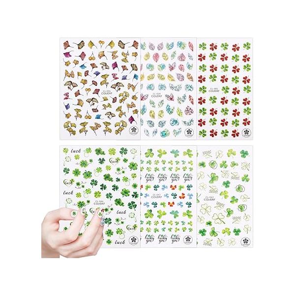6 Sheets St Patrick's Day Shamrock Nail Stickers, Holographic Ginkgo Green Leaf Decals Self-Adhesive Lucky 3D Foil Decoration Supplies for Women