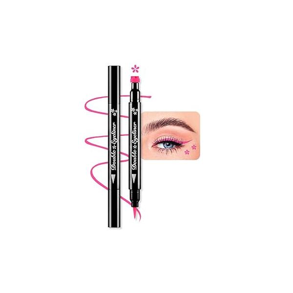 BINGBRUSH Double-sided Liquid Stamp Eyeliner Pen, Face Stamps Makeup Extremely Black Waterproof Slim Gel Felt Tip High Pigment & Seal (10#Star&Red)