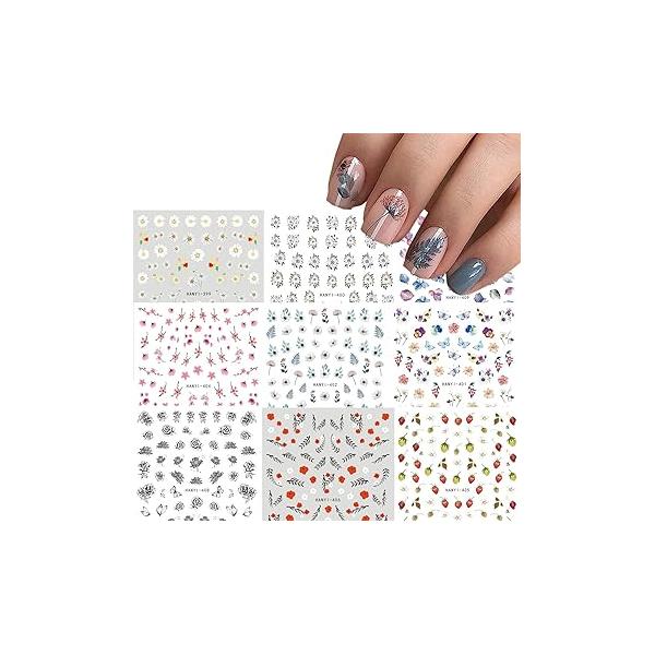 Baoximong 9 Sheets Flower Nail Art Stickers Decals 3D Self-Adhesive Spring Floral Supplies Charming Daisy Leave Peony Accessories for Women Decorations Design