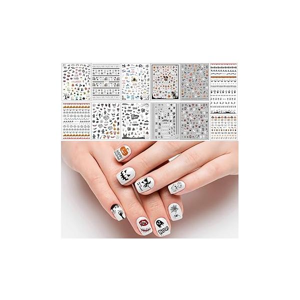 Adoreu 1000+ Patterns Halloween Nail Art Decals Pumpkin Witches 3D Self-Adhesive Stickers Spider Web Bat or Women Girls Kids DIY Design Manicure Happy (13 Sheets)