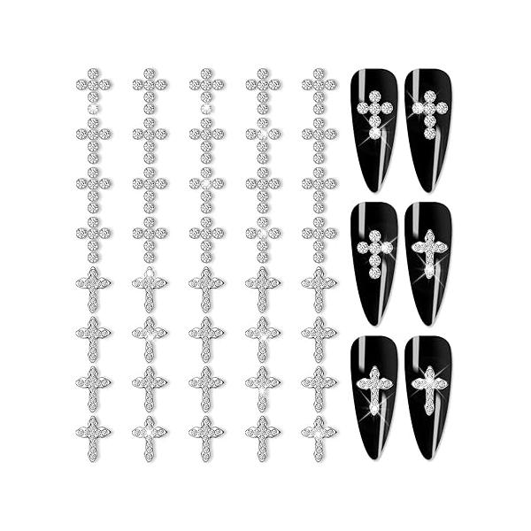 40pcs 3D Cross Nail Charms Jewelrys Decorations for Art Gems Diamond Decor Metal Alloy Crystal Rhinestones Studs Women Girl DIY Crafts (Silver)