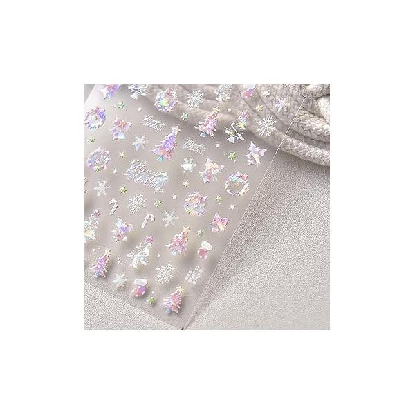 Christmas Nail Stickers - Pink Shell Light Dreamy Decals Xmas Bell Floral Garland Designs 3D Adhesive Snowflake Decor