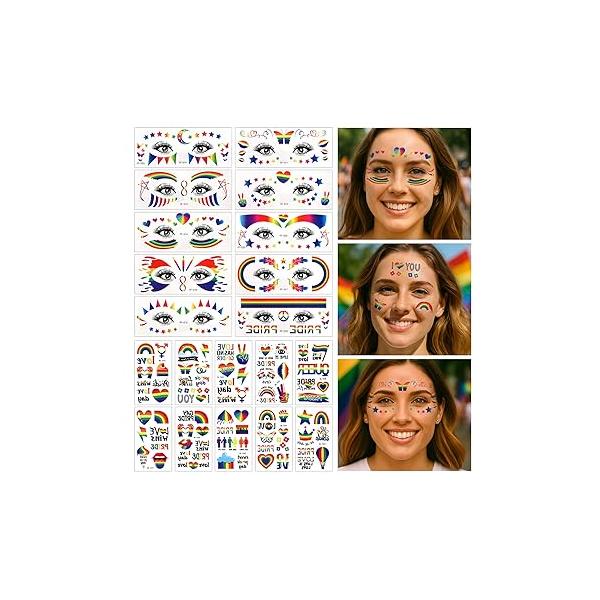 20 Sheets Face & Body Pride Temporary Tattoos-Rainbow LGBT Gay Stickers for Parades, Equality Events Festivals-Waterproof, Skin-Friendly Adults&Kids(10 Eye Designs + 10 Body)