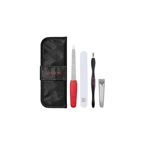 Revlon Manicure Essentials Kit with Travel Case, Nail Care Set Dual Ended Cuticle Trimmer, Curved Blade Clippers, Compact Emeryl File & Buffer (Pack of 1)