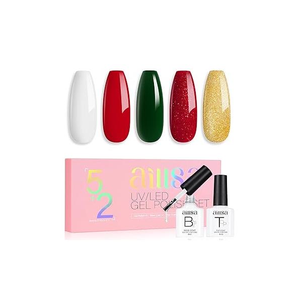 AILLSA Nude Pink Gel Nail Polish Set - White, Red, Milky Neutral Translucent with Base and Top Coat 5+2 Kit Bright Wedding Color Jelly Soak Off U V Manicure Salon DIY at Home