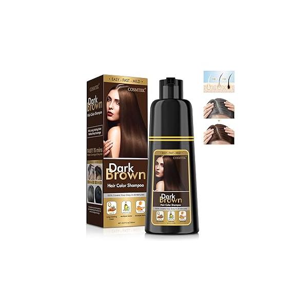 COSMTEK Hair Dye Shampoo 3 in 1 for Gray Hair, Dark Brown Color shampoo Women, Natural Dye-100% Grey Coverage/Herbal Ingredients - 150ml (5.07 oz)