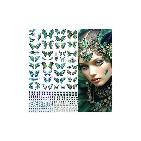 14 Sheets Glitter Butterfly Temporary Tattoos Sticker Green Peacock Feather Waterproof Fake Tattoo Stickers with Self Adhesive Rhinestone Pearl Face Eye Makeup Party for Women