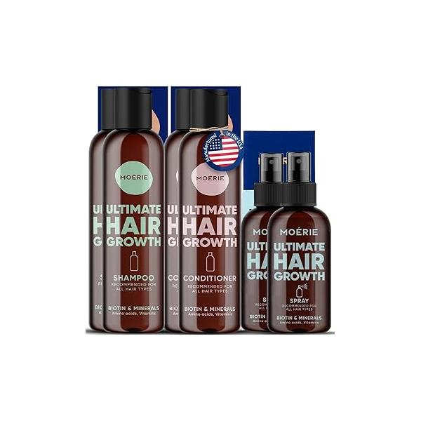 Moerie Mineral Shampoo and Conditioner Plus Hair Growth Spray Set - Ultimate Care Pack For Longer, Thicker, Fuller - Volumizing Products Paraben & Silicone Free 3