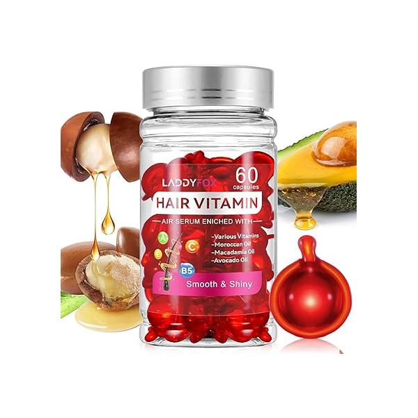 60 Pcs Hair Vitamin Oil Capsule, Treatment Serum Enriched with Moroccan Oil,Avocado Oil, Macadamia Oil,Vitamins A C E Pro B5, No Rinse and Safe，Suitable for All Types
