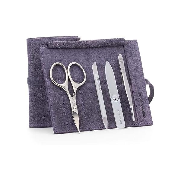 GERMANIKURE 4pc Mini Professional Manicure Set in Light Blue Suede Case - FINOX Stainless Steel Tools Made Solingen Germany, Glass Nail Care Supplies Czech Republic