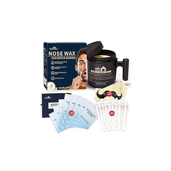 Lifestance Nose Wax Kit Men | 150g Large Capacity Hair with 40 Applicators, 25-30 Uses for Women Waxing Balm Wipes and Mustache Guards
