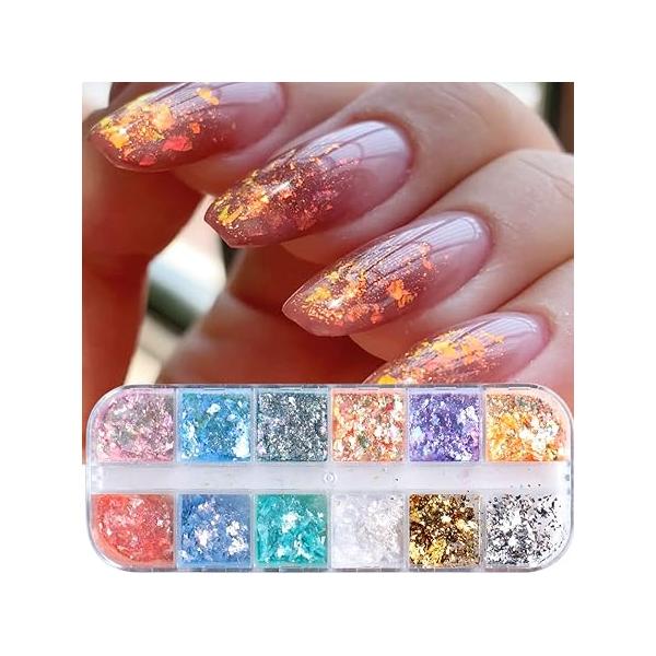 Holographic Opal Nail Art Glitter Flakes Powder Aurora Iridescent Pigment Ice Crystal Mermaid Paillettes Sparkly Sequins Design for Manicure Decoration Accessories 12 Grids