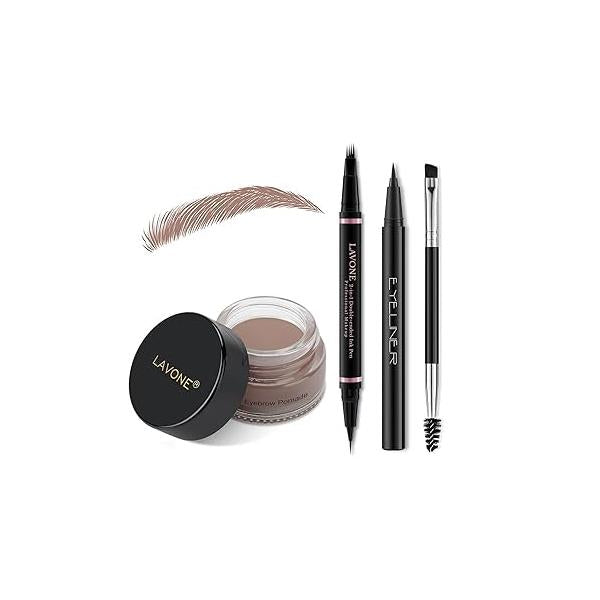 LAVONE Eyebrow Pencil Makeup Kit, with Waterproof 2-IN-1 Microblading Pen, Pomade, Eyeliner and Dual-ended Brush, Brow Kit for Natural Eyebrows - Dark Brown