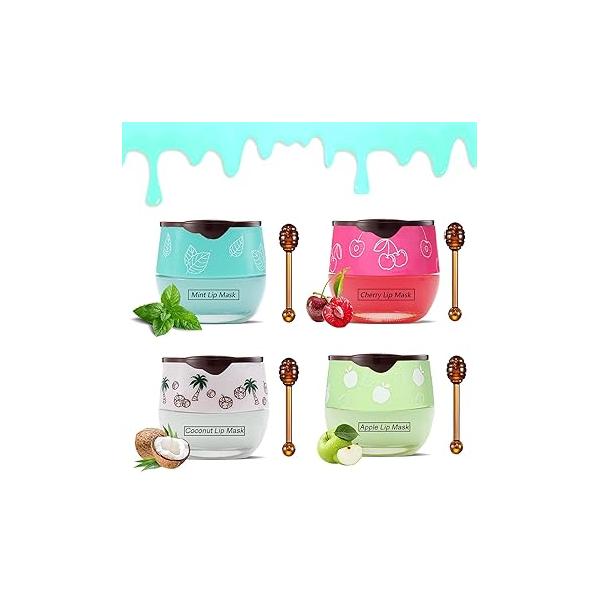 4PCS Bee Lip Balm Honey Pot, Fruit Moisturizing Propolis Mask, Mask Overnight Hydrating Prevention Dry and Crack Scrubs Exfoliator Care Products (A)