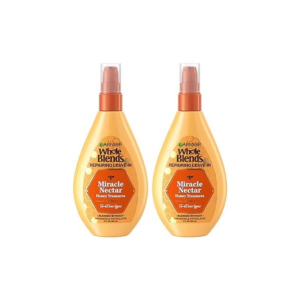 Garnier Whole Blends Sulfate Free Remedy Miracle Nectar 10-in-1 Repairing Leave-In Conditoner for All Hair Types, Honey Treasures, 5 Fl Oz, 2 Count (Packaging May Vary)