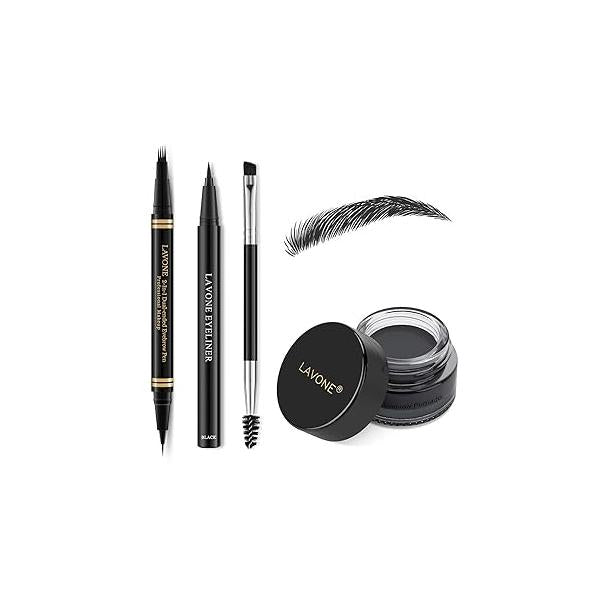 Makeup Kit with 4 Tip Waterproof Microblading Eyebrow Pencil, Eyeliner, Pomade and Dual-ended Brush - Black