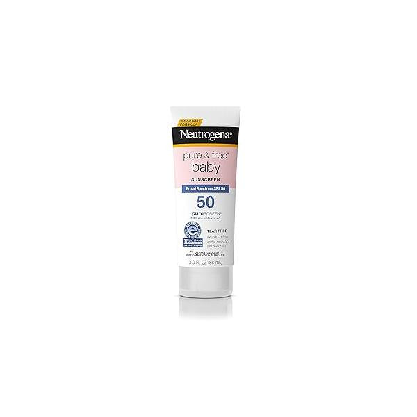 Neutrogena Pure & Free Baby Mineral Sunscreen Lotion with Broad Spectrum SPF 50 Zinc Oxide, Water-Resistant, Hypoallergenic Tear-Free Sunscreen, 3 fl. oz, pk