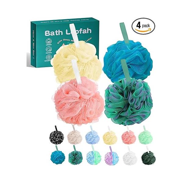 Amazerbst 4 Pack Bath Sponges Mesh Balls Shower Loofahs Wash Back Body Cleaning Scrubber Exfoliator Loofah Sponge Bathing Accessories Women Men