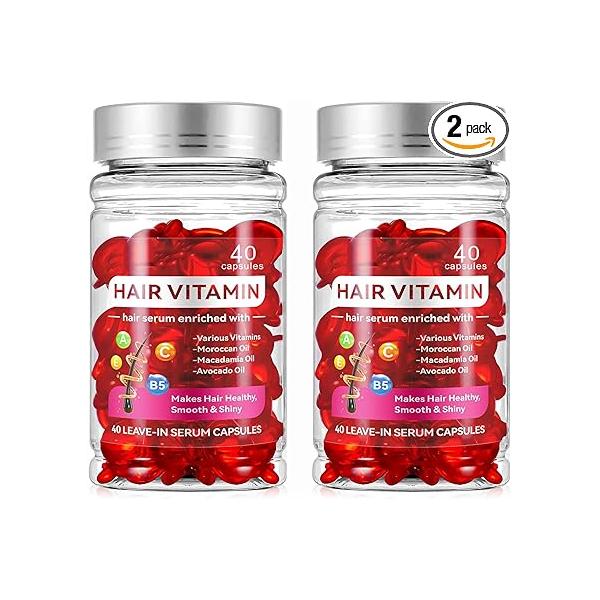 2 Bottles Hair Treatment Serum,Vitamins A C E Pro B5,No Rinse Essence for Frizzy and Dry Damaged Hair,with Argan Avocado & Moroccan Oil (80 Capsules)