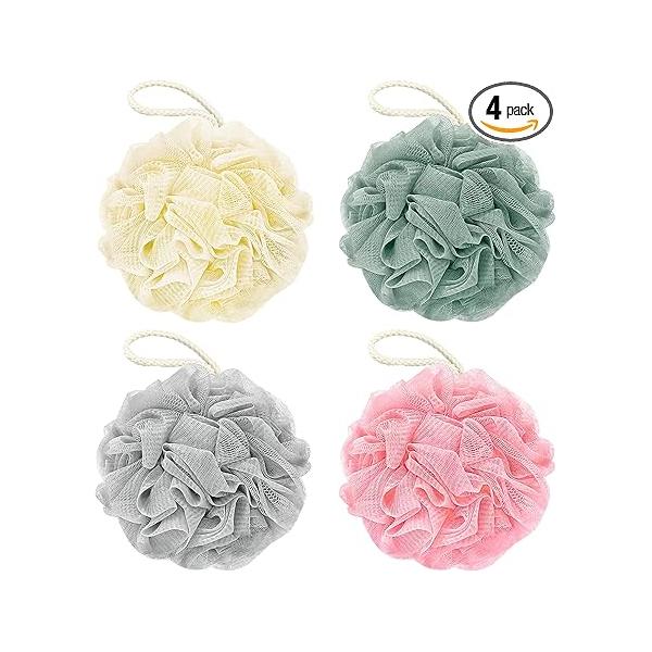 Bath Loofah Sponge, 60G Shower Exfoliating Body Scrubber 4 Count Mesh Pouf Ball for Women and Men (Light Color)