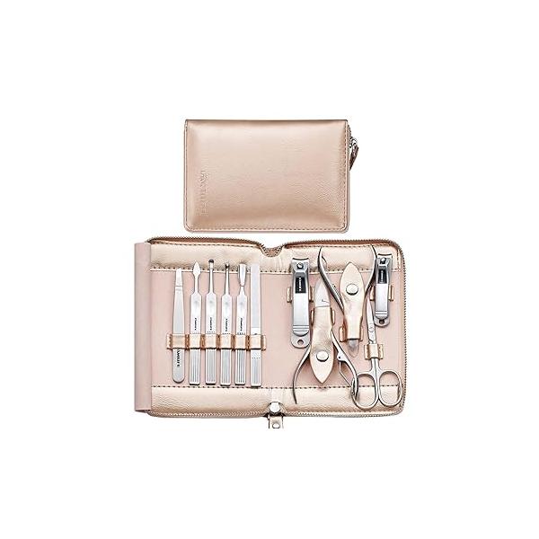 FAMILIFE Manicure Set, Professional Kit Nail Clippers Set 11 in 1 Stainless Steel Pedicure Tools Men Grooming Tool with Portable Brown Leather Travel Case Luxury Gifts for Him