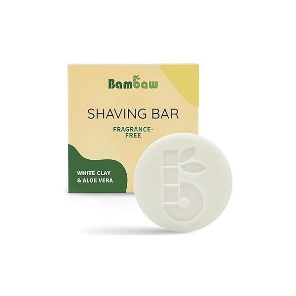 Bambaw | Shaving Soap Bar 2.8 oz Organic White Clay & Aloe Vera Puck Sensitive Skin Natural Vegan Shave Unscented