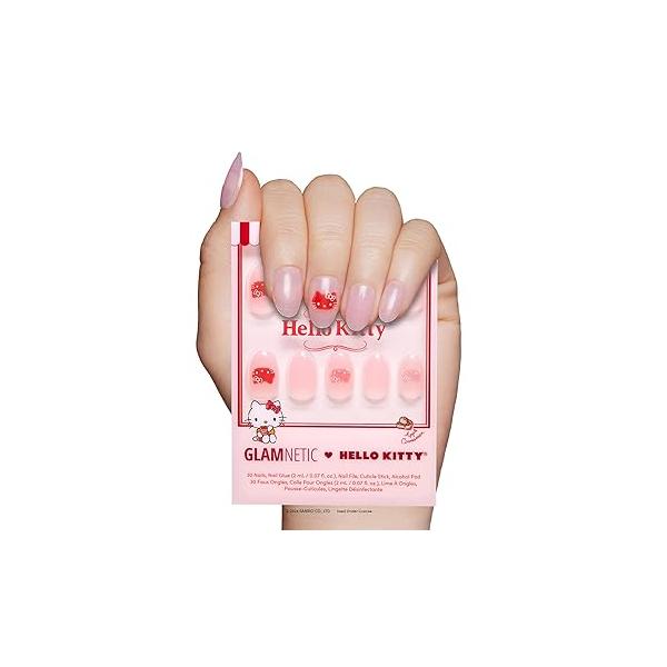 Glamnetic x Hello Kitty® and Friends Press On Nails - Pochacco™ | Short Oval Silver Metallic Graphic Fake in a Chrome Finish 15 Sizes 30 Nail Kit with Glue