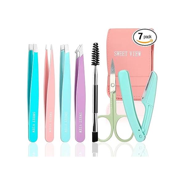 7pcs Eyebrow Tweezers Kit for Women Precision Plucker with Brow Scissors & Razor Spoolie Facial, Chin, Brow, Splinter and Ingrown Hair