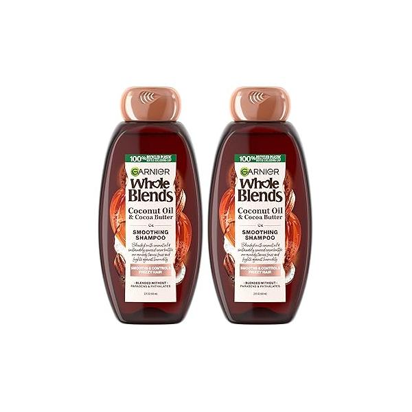 Garnier Whole Blends Coconut Oil & Cocoa Butter Smoothing Shampoo for Frizzy Hair, 22 Fl Oz, 2 Count (Packaging May Vary)