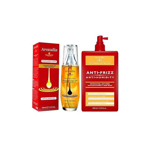 Arvazallia Premium Argan Oil Hair Treatment and Anti-Frizz & Anti-Humidity Spray Bundle - For Gorgeous Soft, Silky, Shiny that Lasts
