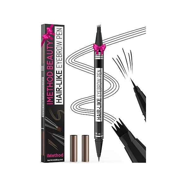 iMethod Microblading Eyebrow Pen - Pencil Magical 2-in-1 Dual-Ended Eye Brow Pencils for Women with 4-Fork-Tip & Precise Brush-Tip Create Natural Hair-Like Brows, Last All-Day, Light Brown