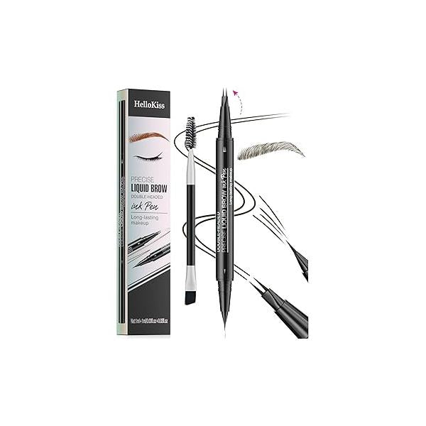 9708 2-Tip Double-Ended Eyebrow Pen, 2-in-1, with Brush. Waterproof and Sweat Proof,Precise Liquid Brow, 5 Shades, Long-Lasting(5#Black)