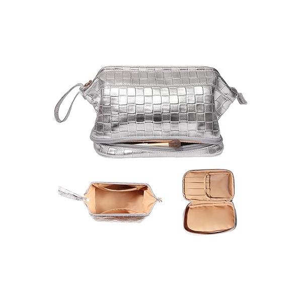 Abiudeng Large Capacity Makeup Bag Ladies Cosmetic Travel with Compartments Portable PU Leather Handle