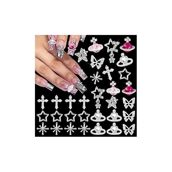 BELICEY 190PCS 3D Nail Charms - Silver Star Cross Planet Rivet Punk Cone Jewels for Acrylic Nails