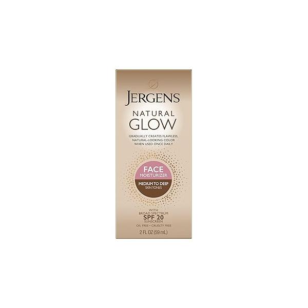 Jergens Natural Glow Self Tanner Face Moisturizer with SPF 20 Facial Sunscreen, Medium to Deep Skin Tone, Sunless Tanning, Oil Free, Broad Spectrum Protection UVA and UVB, 2 oz (Packaging May Vary)